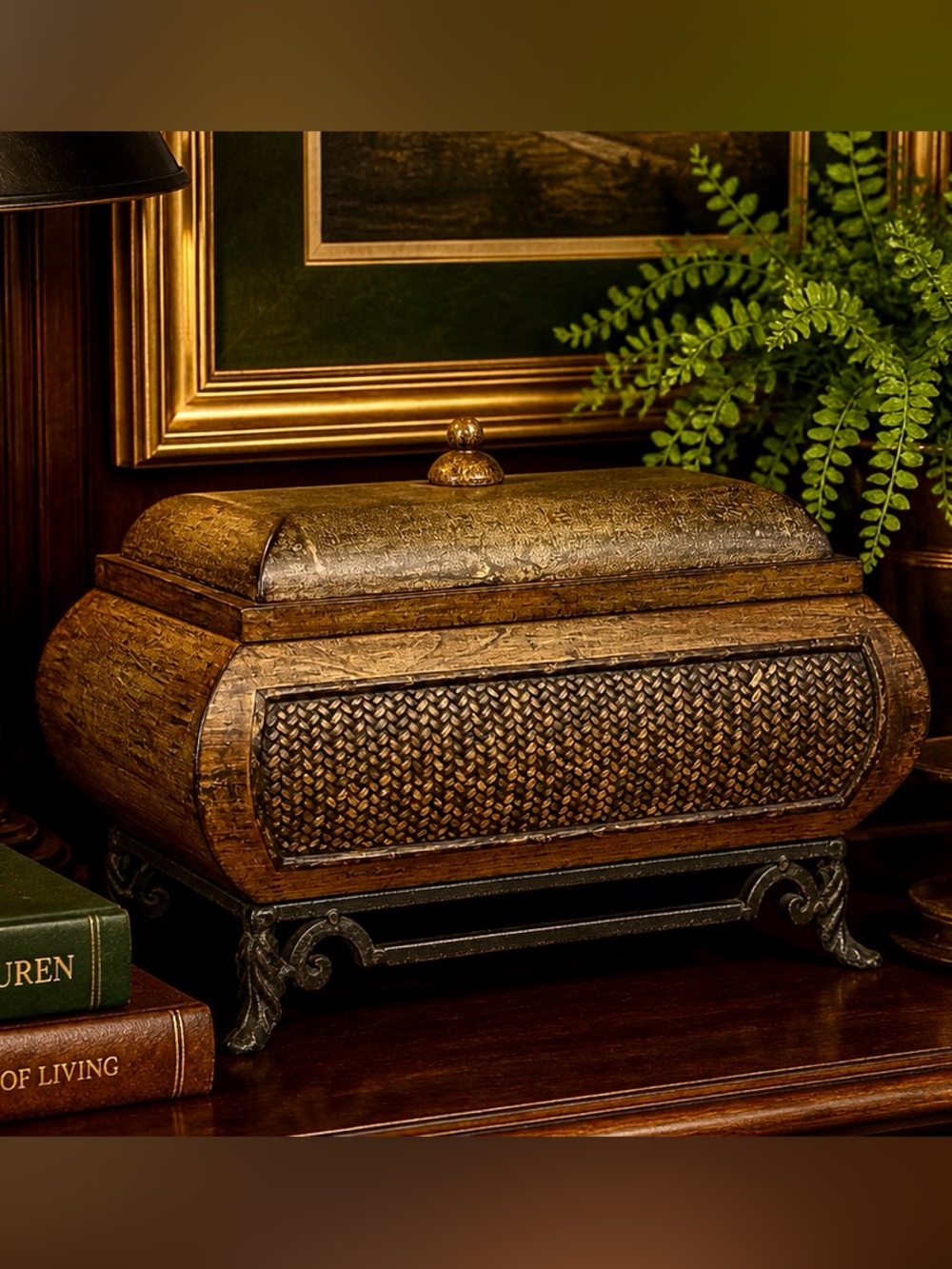 Large Sculptural Wood Decorative Chest with Iron Base